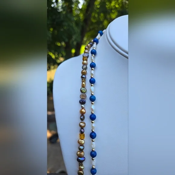 Blue Gemstone White Rice Pearl Gold Purple Peaco Pearl Beaded Necklace Bundle - Picture 14 of 16